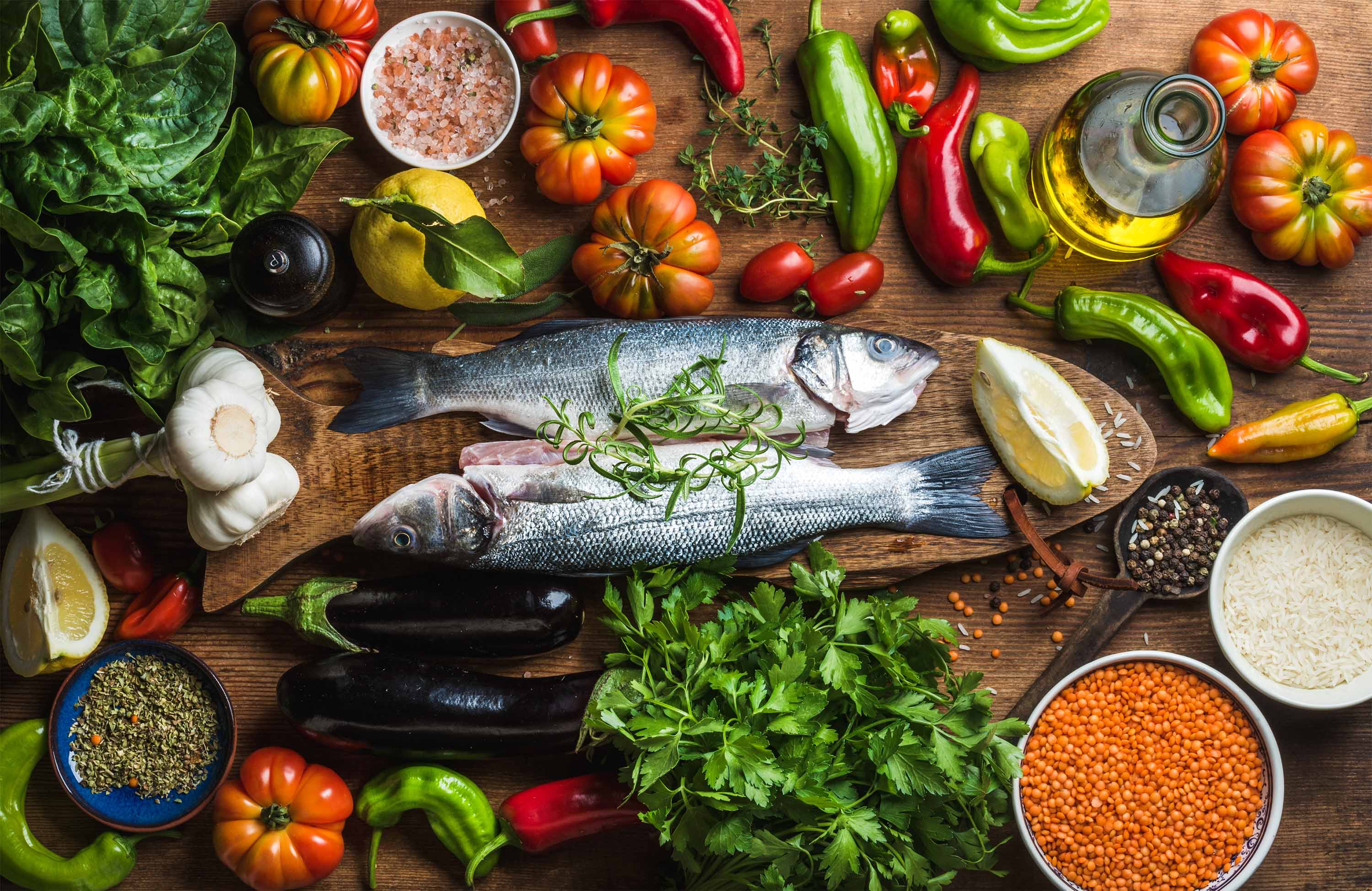 whole grains, olive oil, fish, vegetables, legumes, and nuts