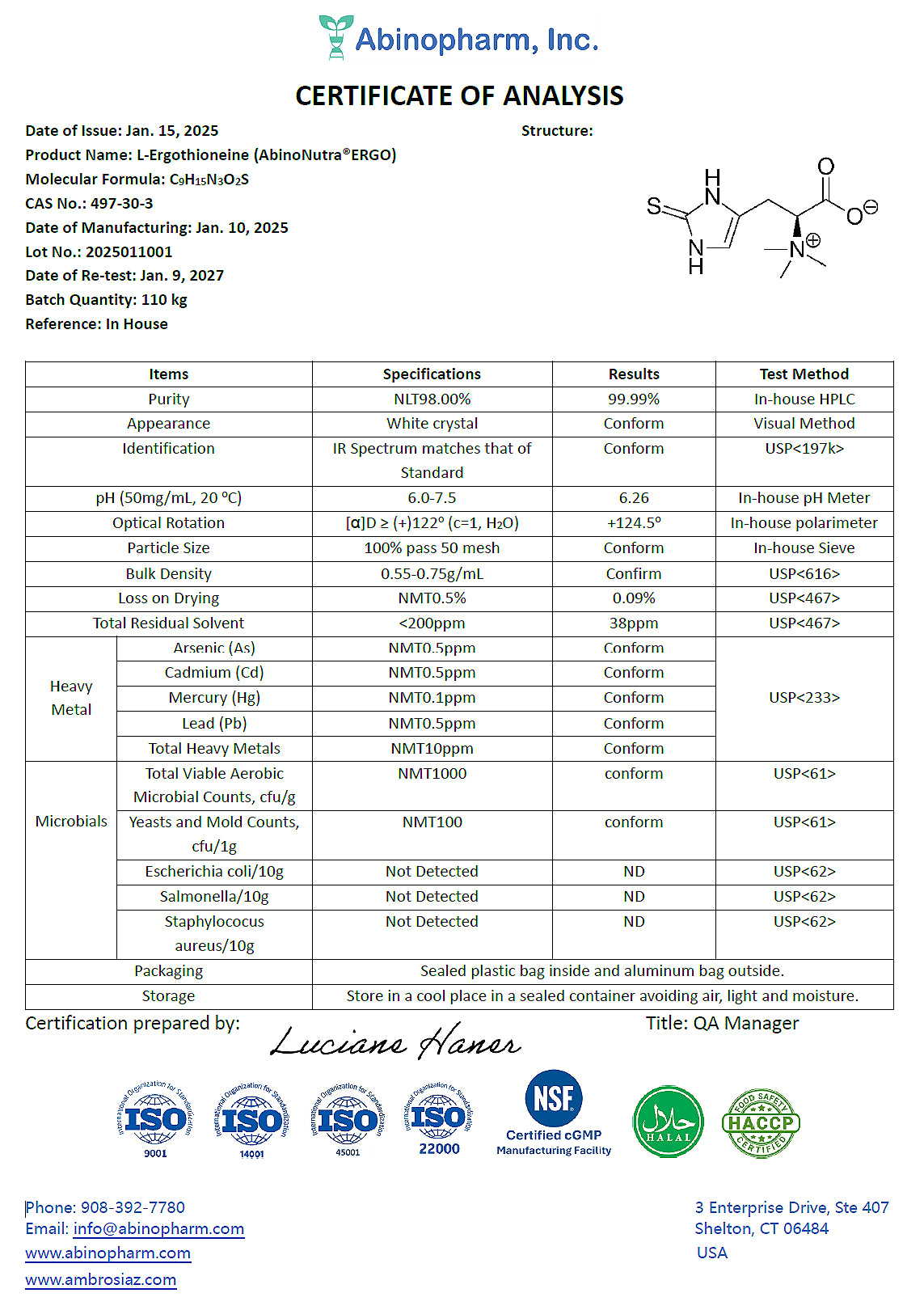 Certificate of Analysis for Dr.Ergo L-Ergothioneine