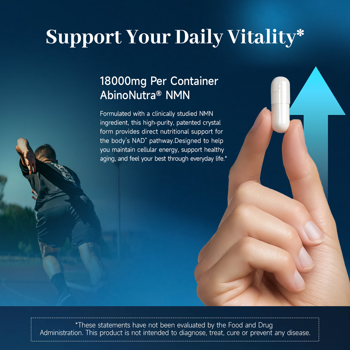 Hand holding a supplement with text about daily vitality support on a blue background
