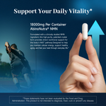 Hand holding a supplement with text about daily vitality support on a blue background