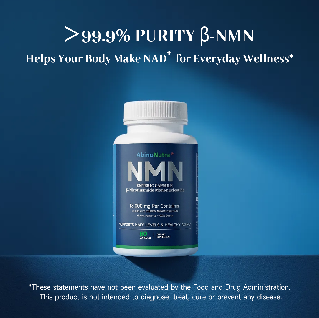 NMN supplement bottle with blue background and text about purity and wellness benefits.