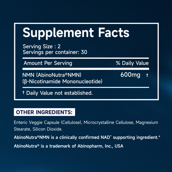 Supplement facts label with AbinoNutra NMN on a dark blue background