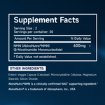 Supplement facts label with AbinoNutra NMN on a dark blue background