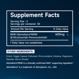 Supplement facts label with AbinoNutra NMN on a dark blue background