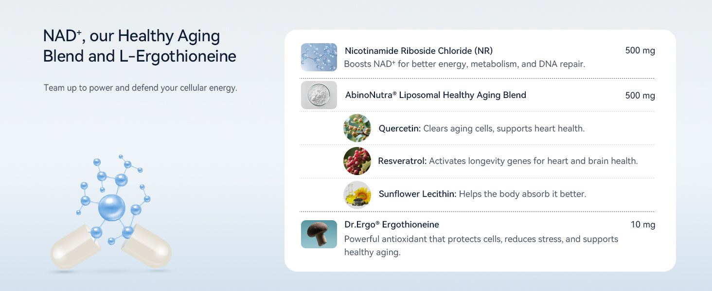 NAD+, our Healthy Aging Blend and L-Ergothioneine