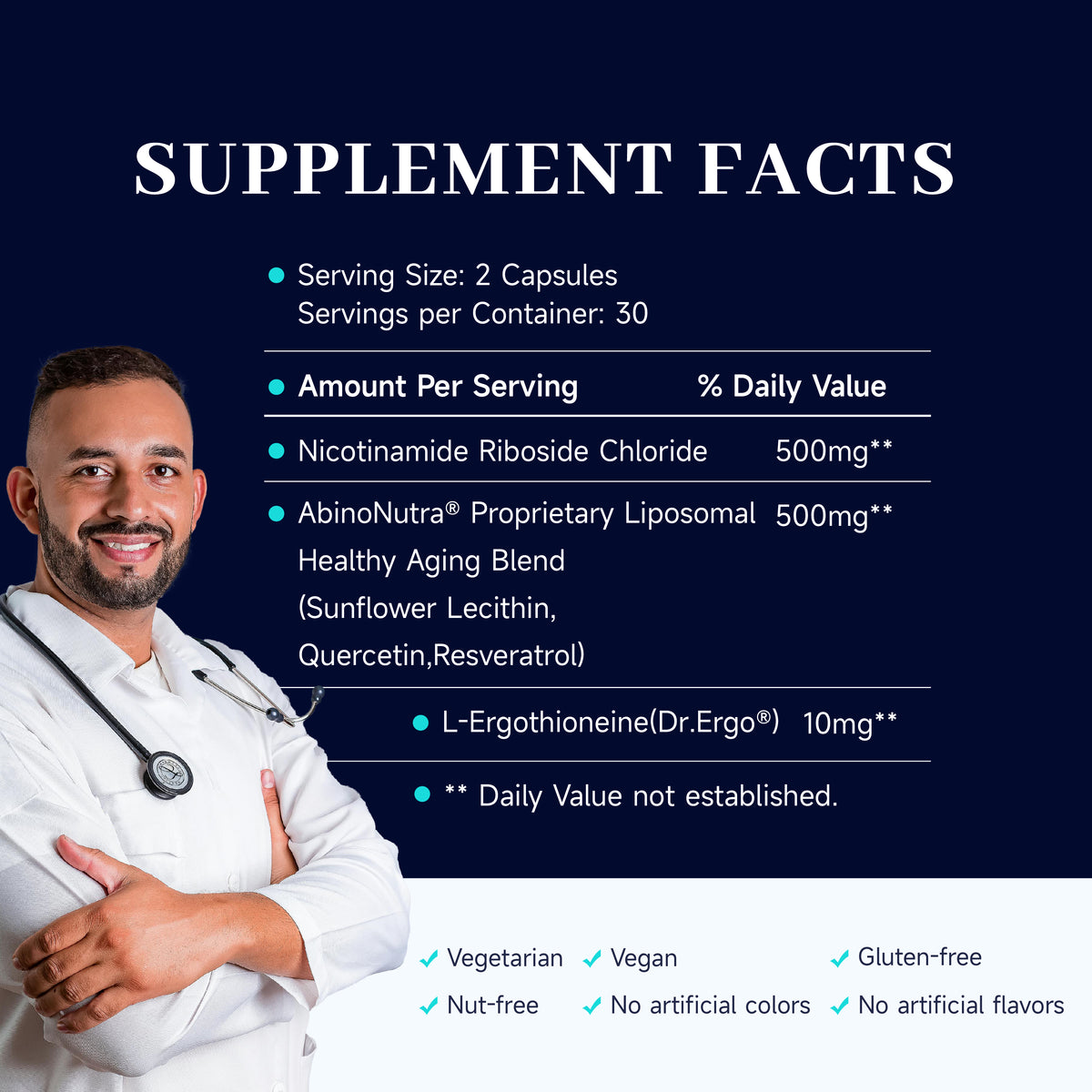 Supplement facts with a doctor in a white coat on a dark blue background