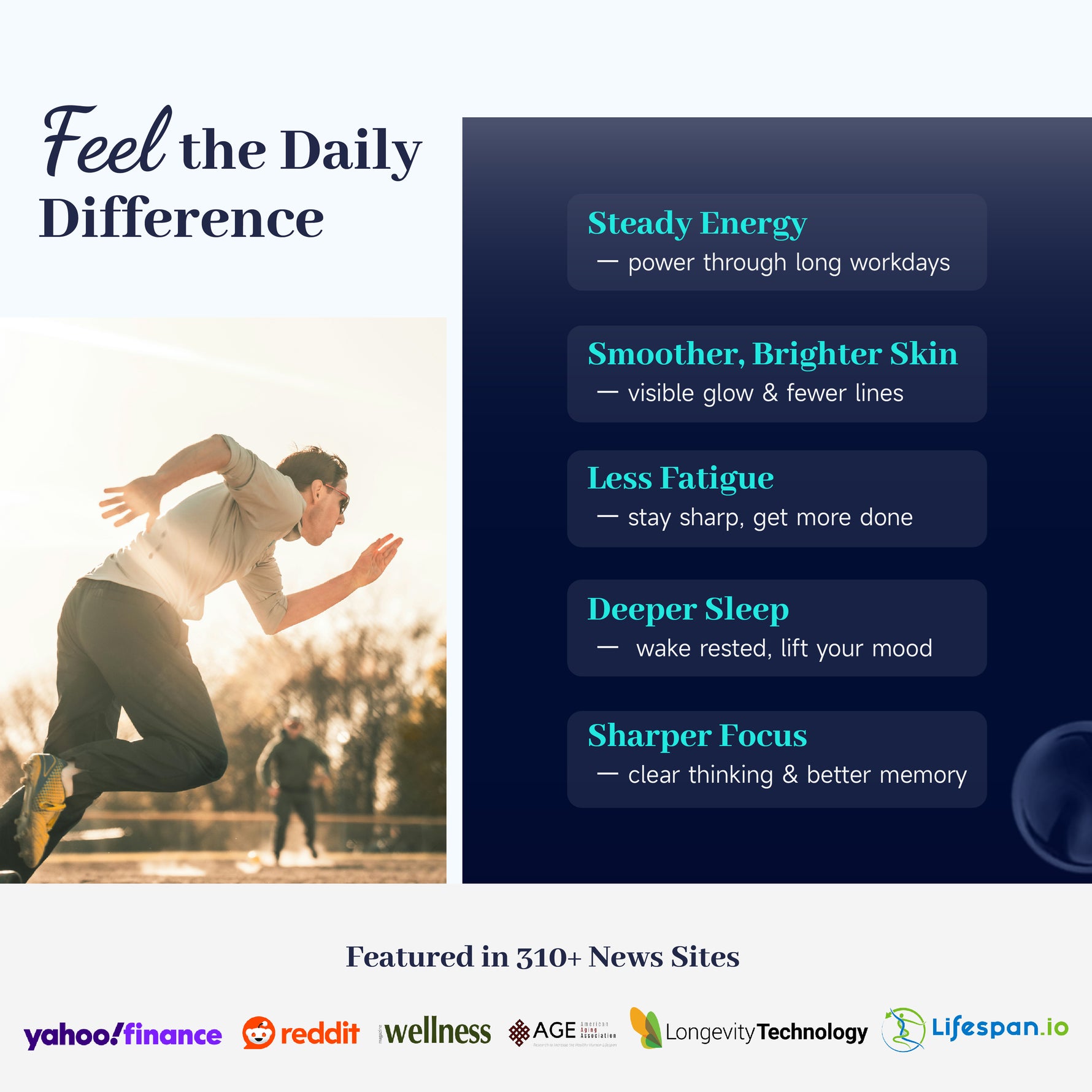 Person running outdoors with lifestyle benefits listed on a dark blue background