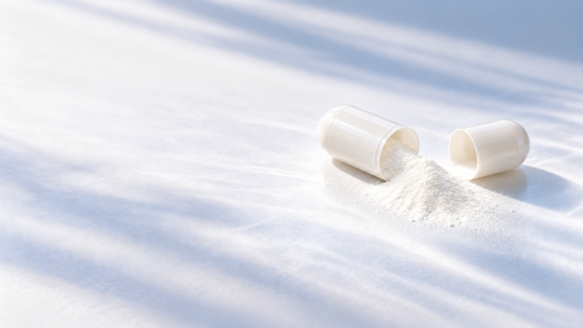 Open ivory capsule with fine white powder on a blue-white surface