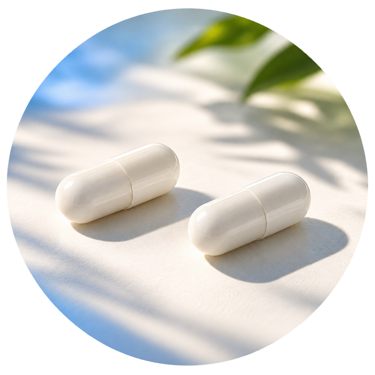 Two white capsules in a circular photograph