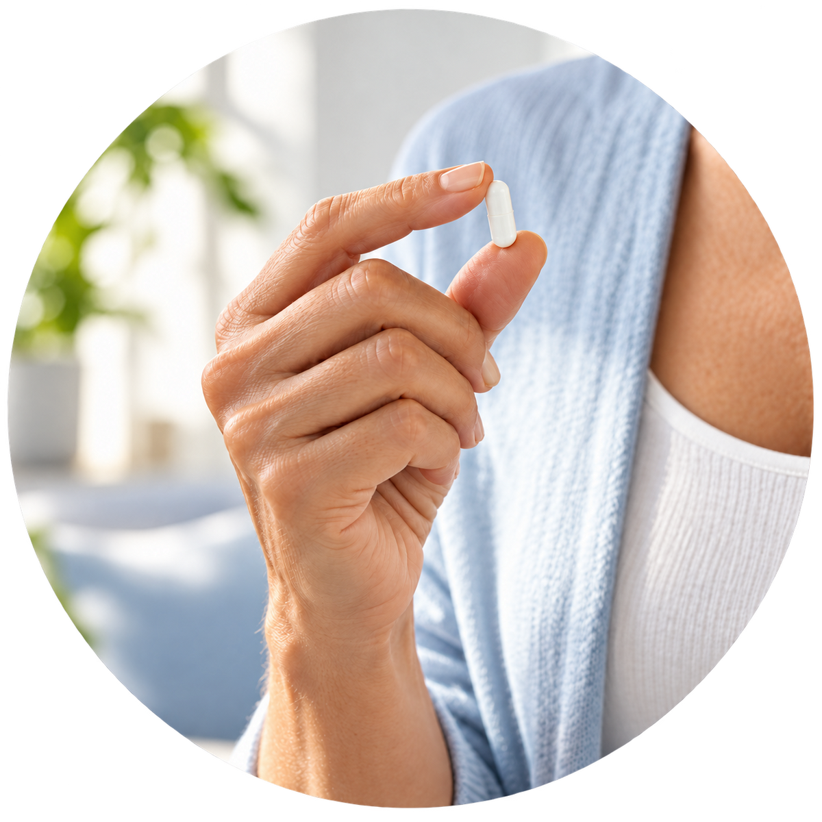 A hand holding a capsule in a circular photograph