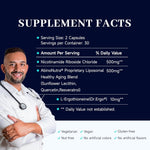Supplement Facts label for AbinoNutra: Serving Size 2 Capsules (30 servings), containing 500mg Nicotinamide Riboside Chloride, 500mg proprietary liposomal blend, and 10mg Dr.Ergo L-Ergothioneine.