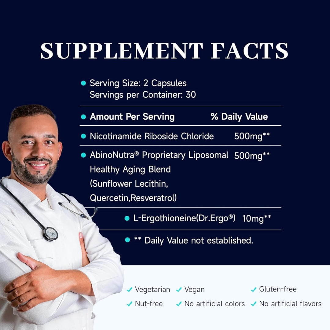 Supplement Facts label for AbinoNutra: Serving Size 2 Capsules (30 servings), containing 500mg Nicotinamide Riboside Chloride, 500mg proprietary liposomal blend, and 10mg Dr.Ergo L-Ergothioneine.
