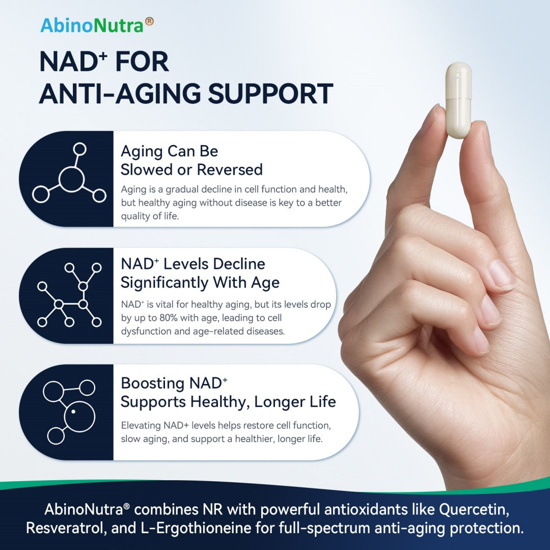 Visual explaining boosting NAD+ supports healthy, longer life by restoring cell function and slowing aging processes at the cellular level.