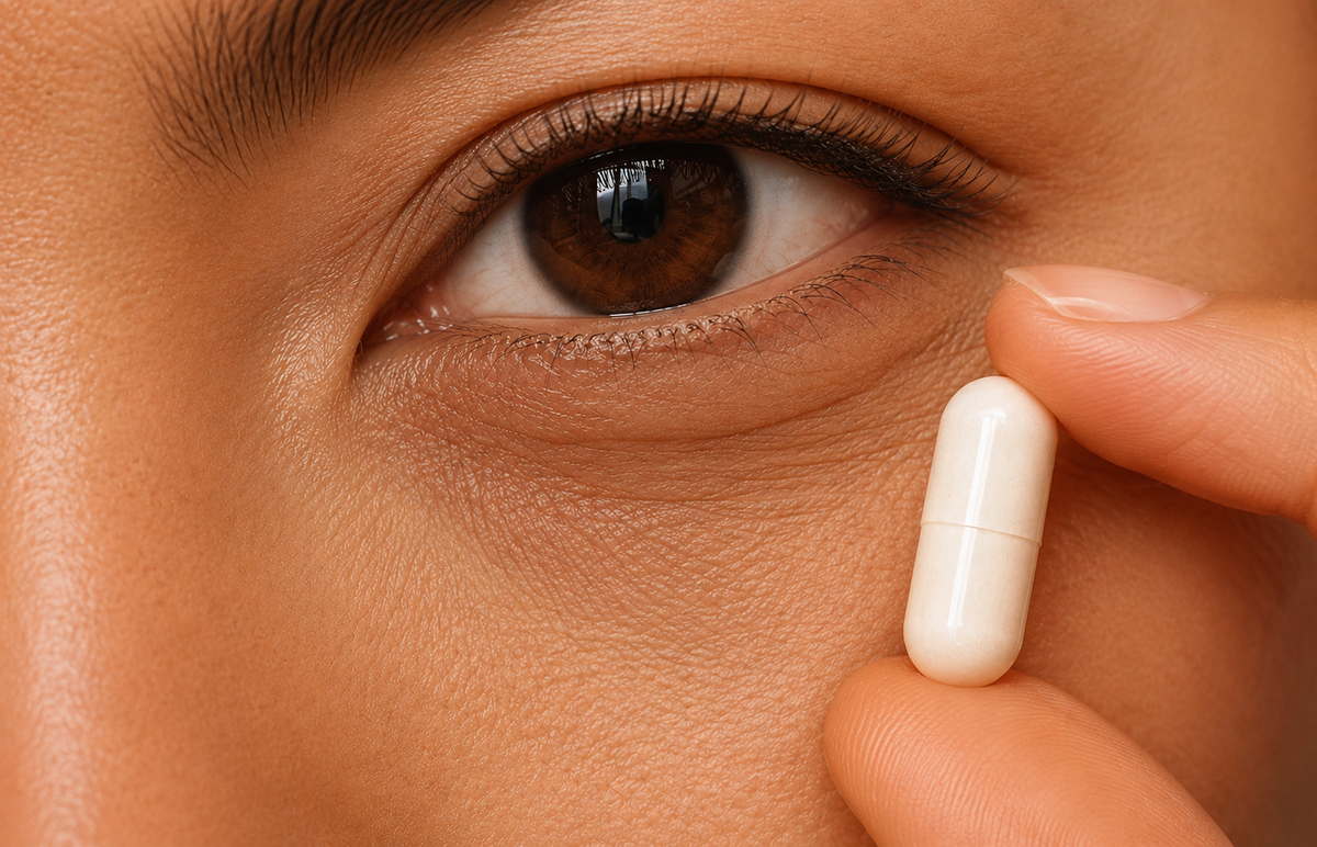 Close-up of a person applying a white gel or cream to their eyelid.
